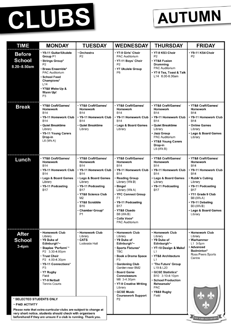 Clubs timetable