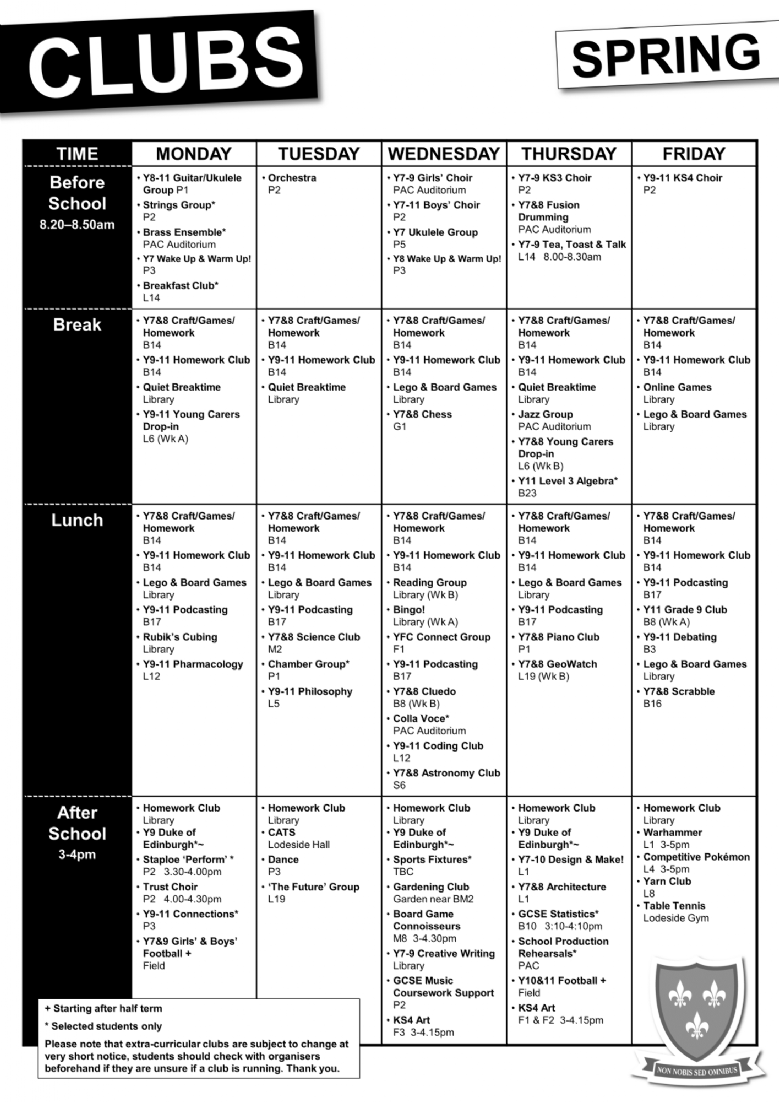 Clubs timetable